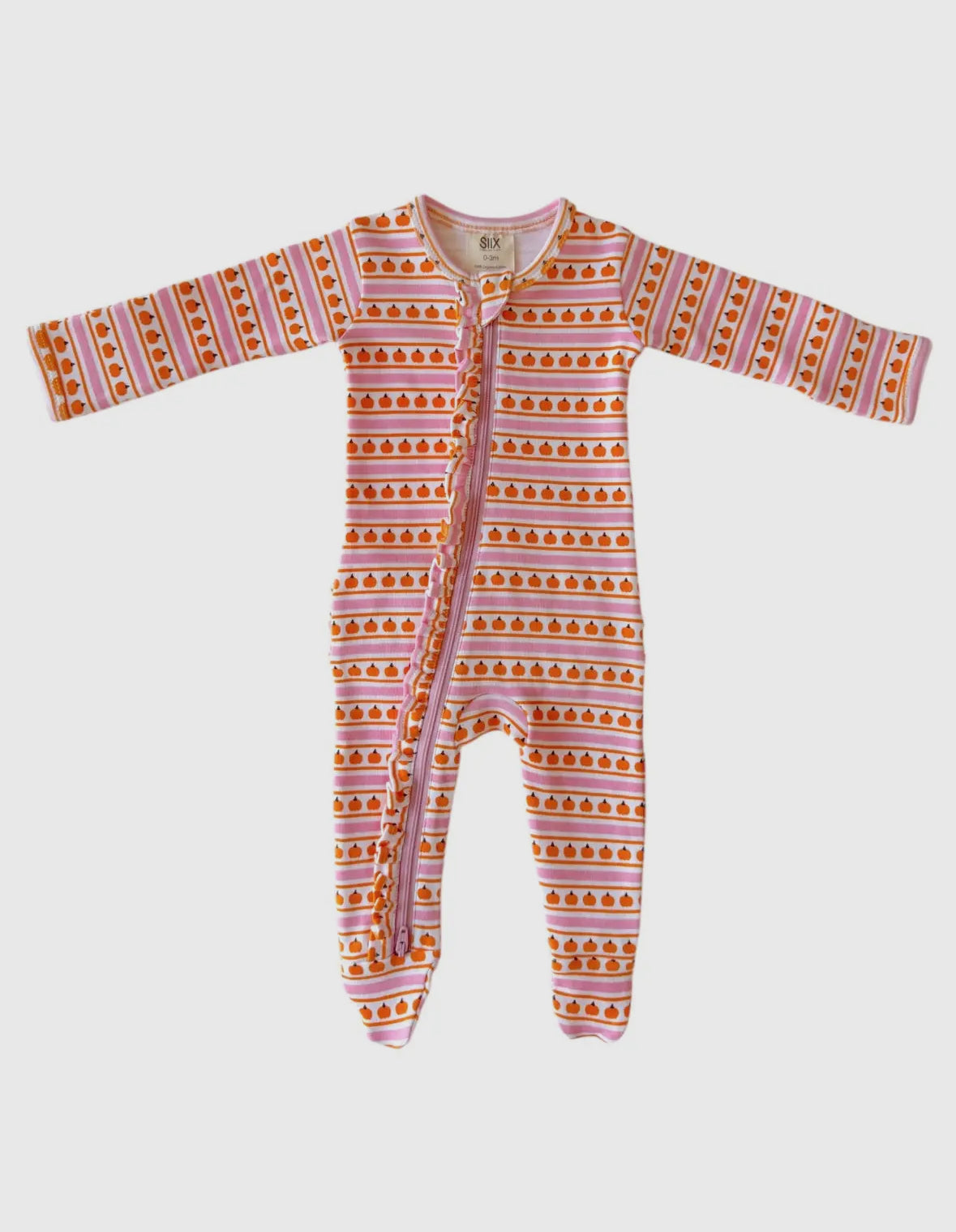 Pink Pumpkin Stripe- Frill Zip Footie