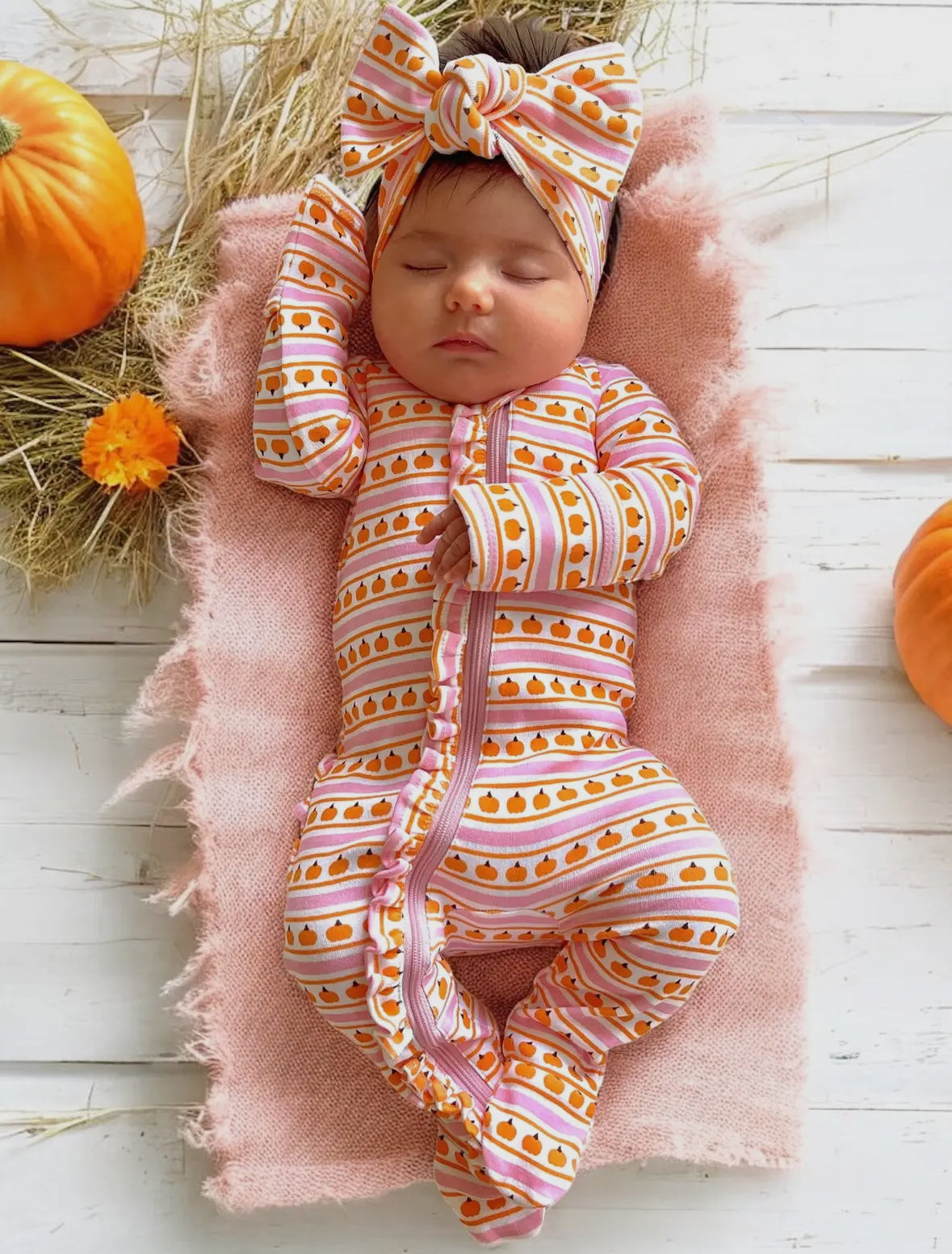 Pink Pumpkin Stripe- Frill Zip Footie