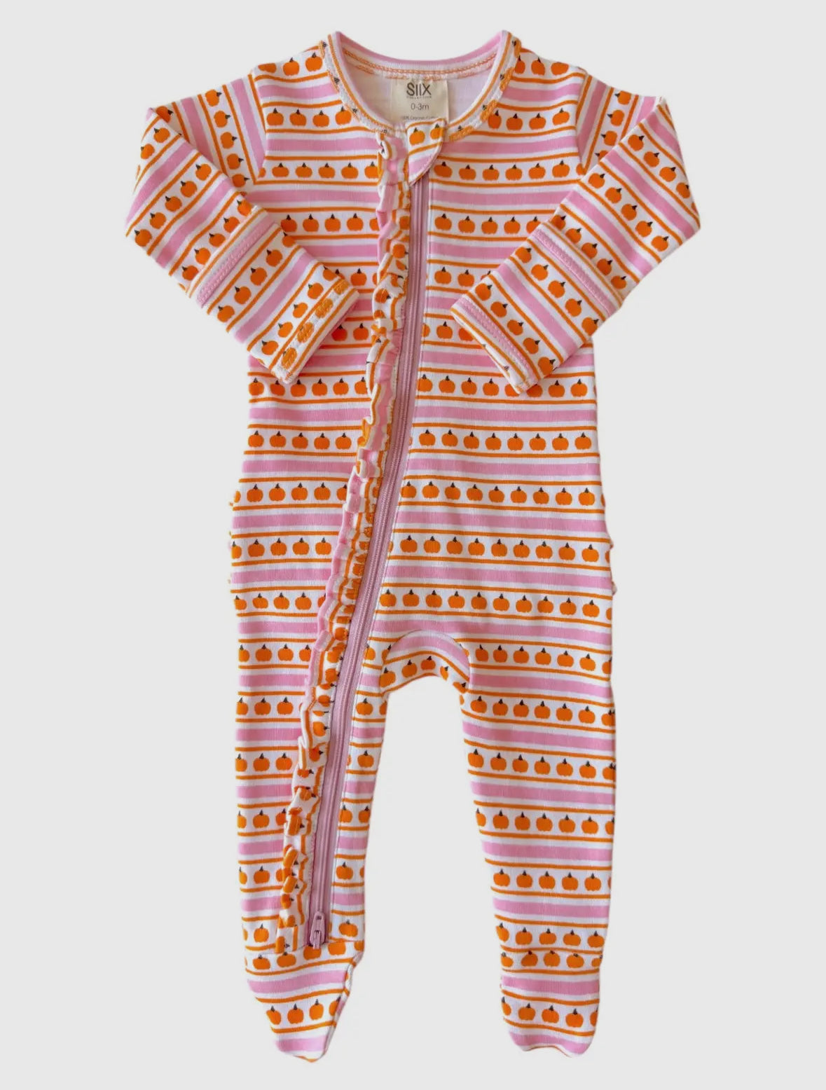 Pink Pumpkin Stripe- Frill Zip Footie