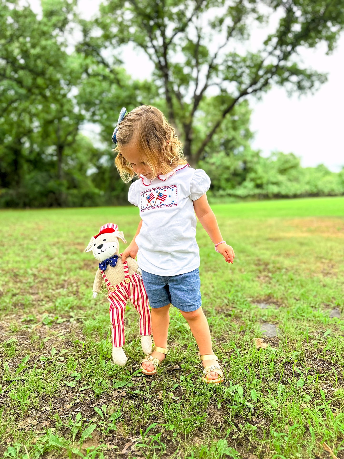 Flags & Fireworks Puff Sleeve Girls T-Shirt