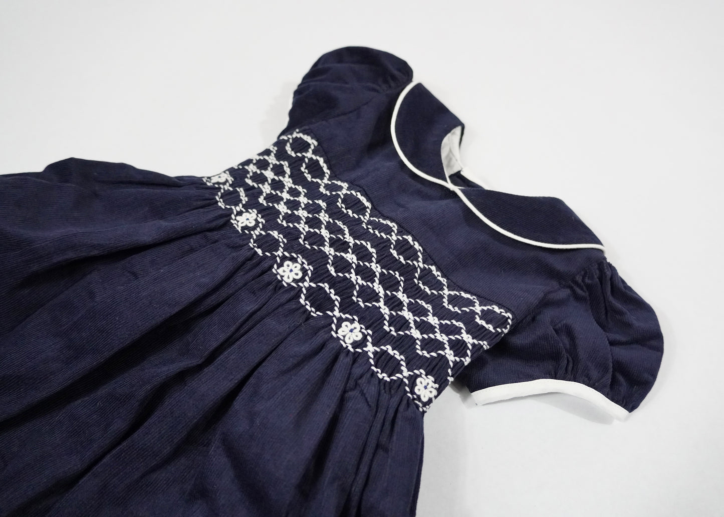 Navy Corduroy Smocked Puff Sleeve Dress