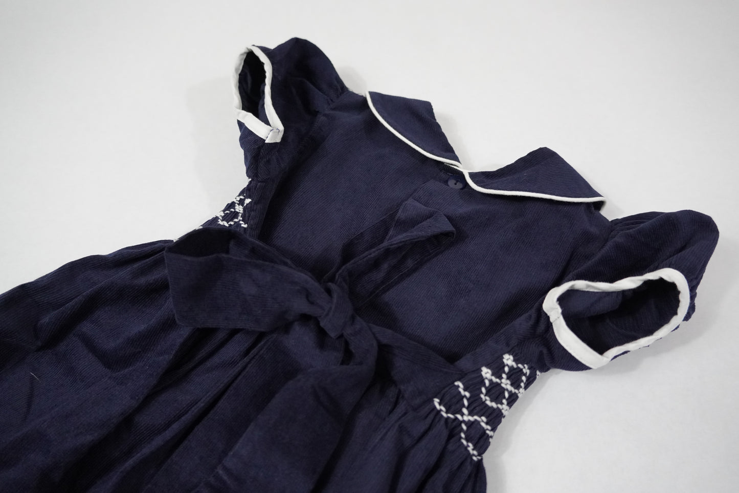Navy Corduroy Smocked Puff Sleeve Dress