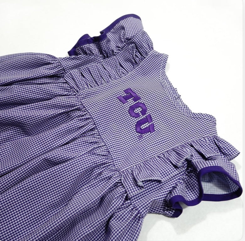 TCU Embroidered Ruffle Dress