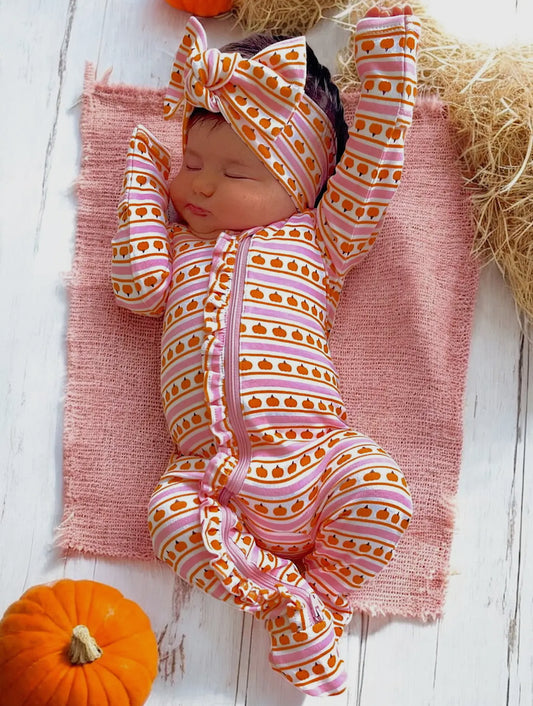 Pink Pumpkin Stripe- Frill Zip Footie