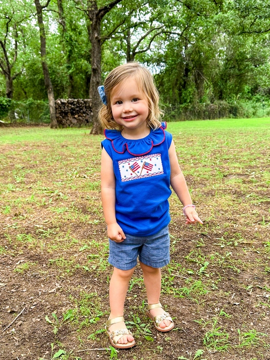 Flags & Fireworks Royal Blue Scallop Collar Girls Top