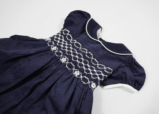 Navy Corduroy Smocked Puff Sleeve Dress