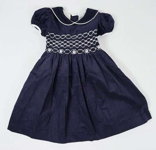 Navy Corduroy Smocked Puff Sleeve Dress